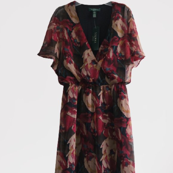 Ralph Lauren Dress Black Multi Floral V Neck 2 XS New - Picture 2 of 8